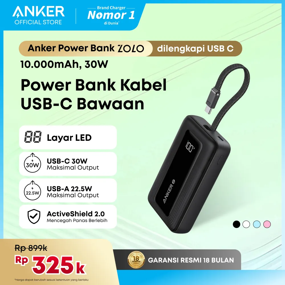 Anker Zolo Power Bank 30W 10000 20000 mAh with Type C Cable and Lightning Cable Fast Charging PD 3.0 - A1688 / A1689 / A1680 / A1681