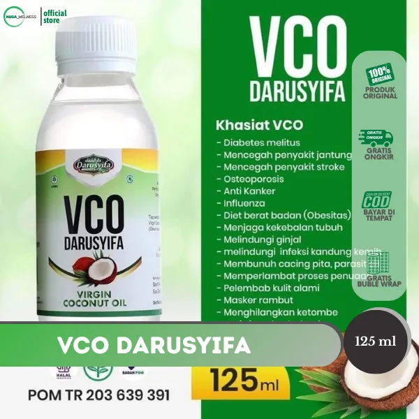 VCO DARUSYIFA – isi 125 ml minyak kelapa murni | bantu sehatkan jantung & pembuluh darah | turunkan kolesterol | lancarkan sistem pencernaan | tingkatkan daya tahan tubuh | 100% alami original