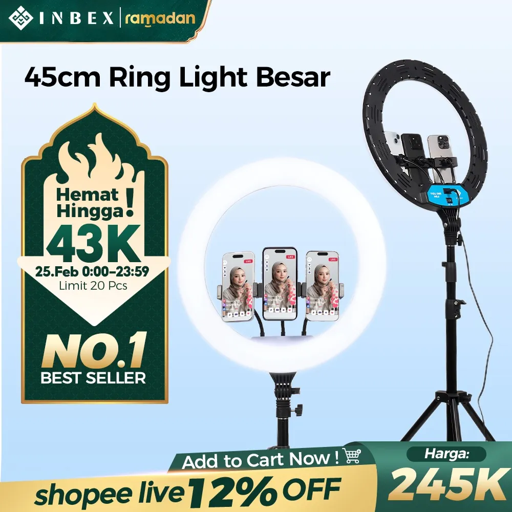 [15%OFF-Besar] INBEX 45CM Ring Light Remote 3 HP Besar Beauty ringlight Lighting Live streaming Video Lampu Konten Kreator 3 Holder HP