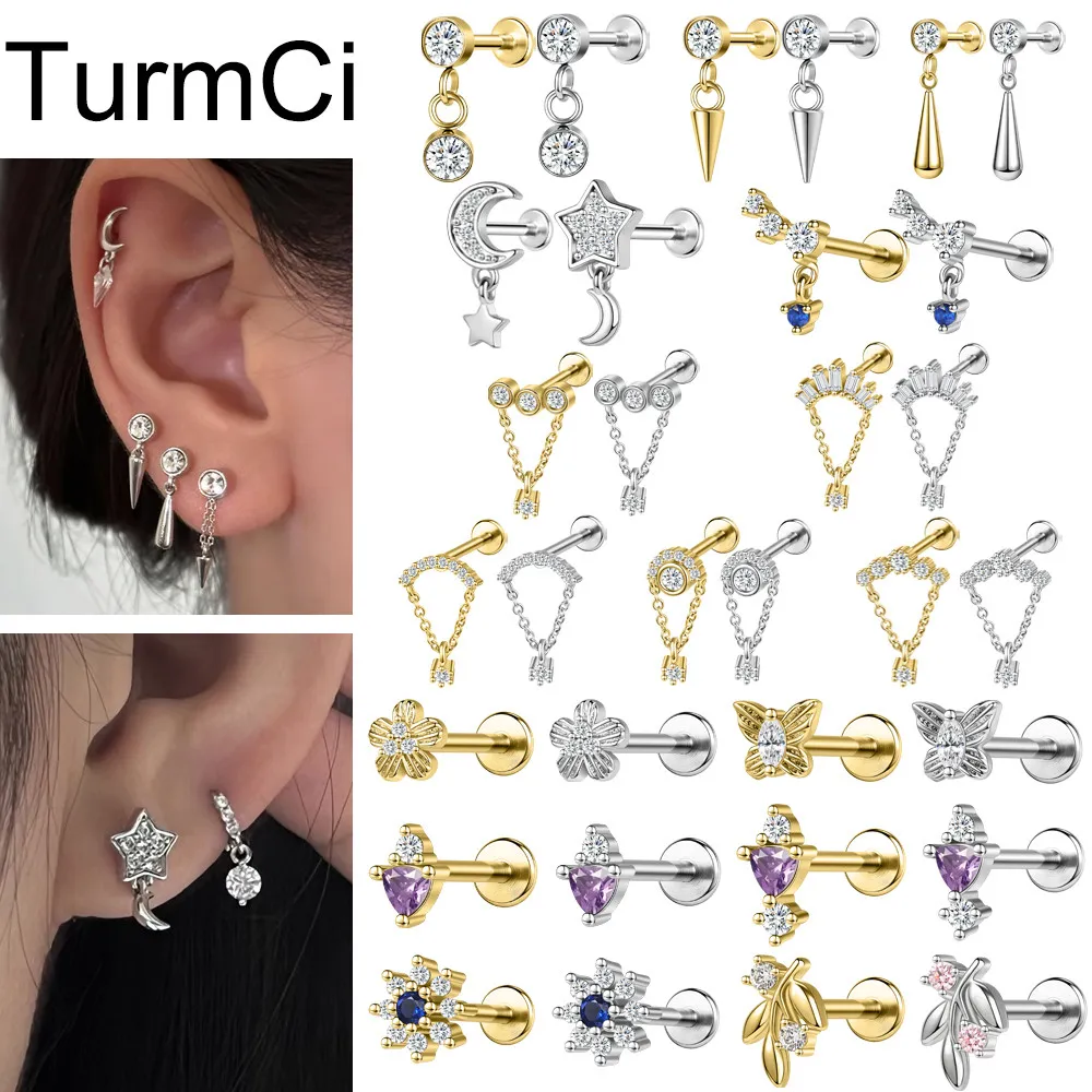 TurmCi 1 Buah 316L Stainless Steel Anting Tindik 16G Ear Studs Ear Studs Moon Star Stud Earrings Crystal Helix Conch Cartilage Piercing Earrings