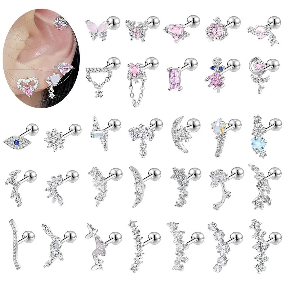 1 PC Butterfly Stainless Steel Cartilage Stud Earrings Pink Heart Crystal Earring Flower Ear Stud Ear Row Helix Tragus Piercing