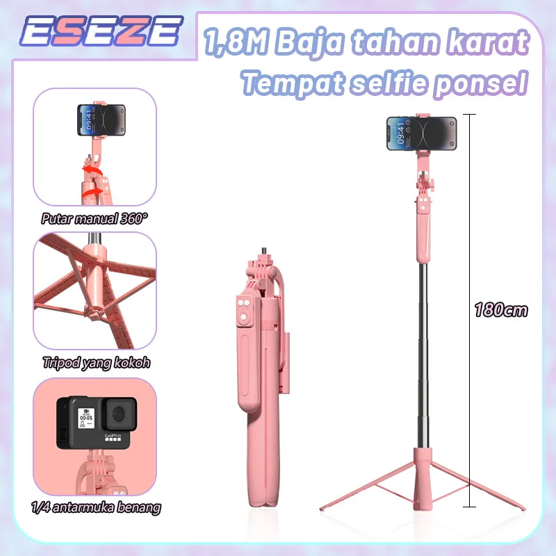 Eseze 1800mm 4 Kaki Tongsis Tripod HP Holder 7 Tombol Remote Control Bluetooth Kamera DSLR Tongsis Selfie Stick Stainless Steel Tongkat Selfie Tongsis Dengan 1/4 Adaptor