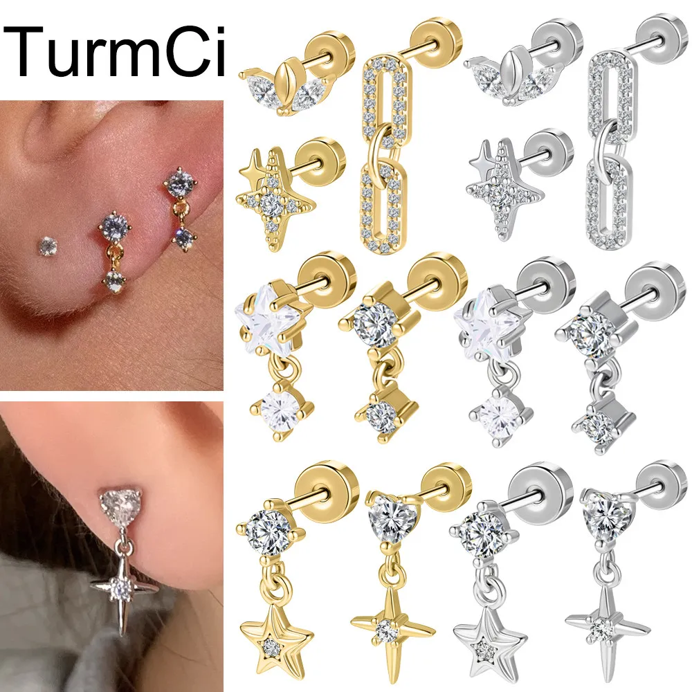 TurmCi 1 Buah 20G Anting Tindik Stainless Steel Anting Piercing Bintang Bunga Ear Studs External Thread Stud Earrings Kristal Helix Conch Cartilage Piercing Earrings 6mm