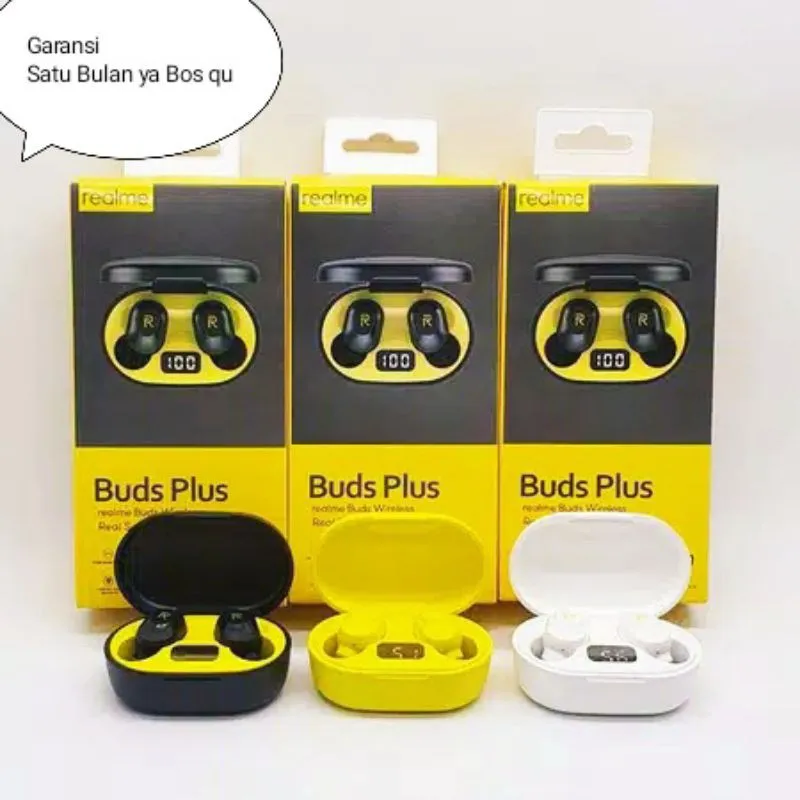 Realme Earphone Bluetooth Buds Plus Wireless LED Headset/ Headset Realme Bluetooth Kuning Hitam