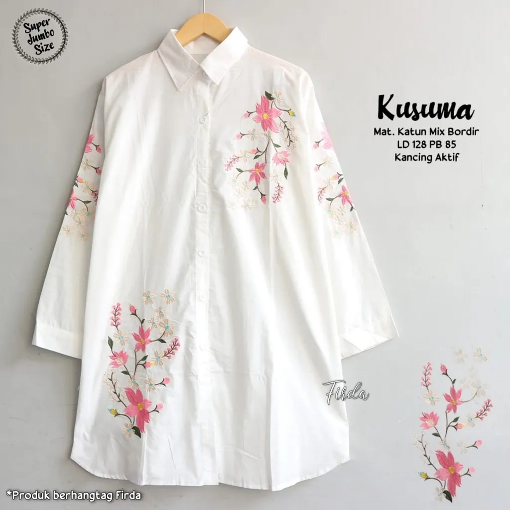 RESTOCK !! KUSUMA JUMBO TUNIK PUTIH BORDIR BUNGA PREMIUM LD 128 PJ 85 KANCING AKTIF