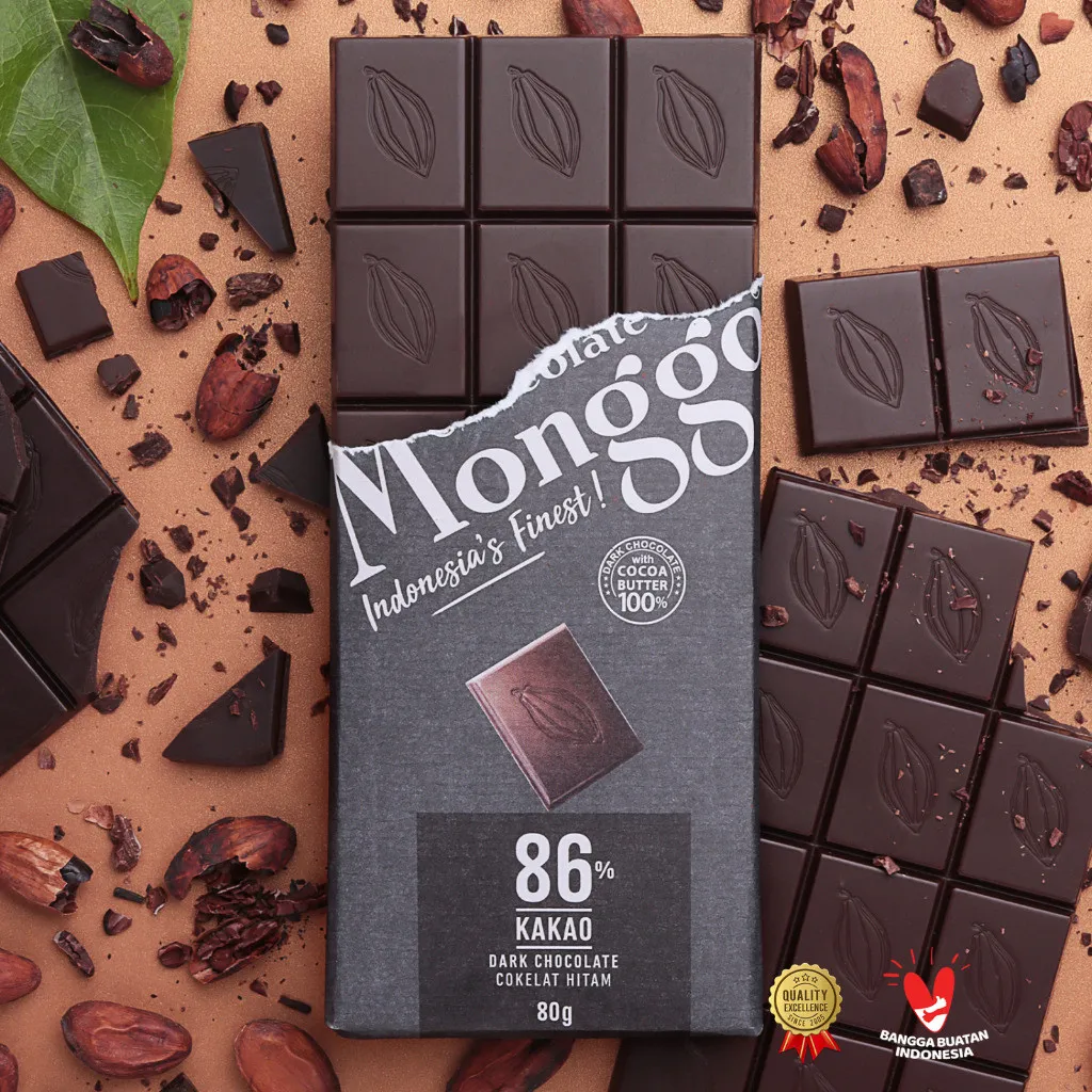 Chocolate Monggo | Dark Chocolate 86% Cocoa 80gr|  Coklat Murni 100% Cocoa Butter | Cokelat Hitam Premium  Snack Sehat