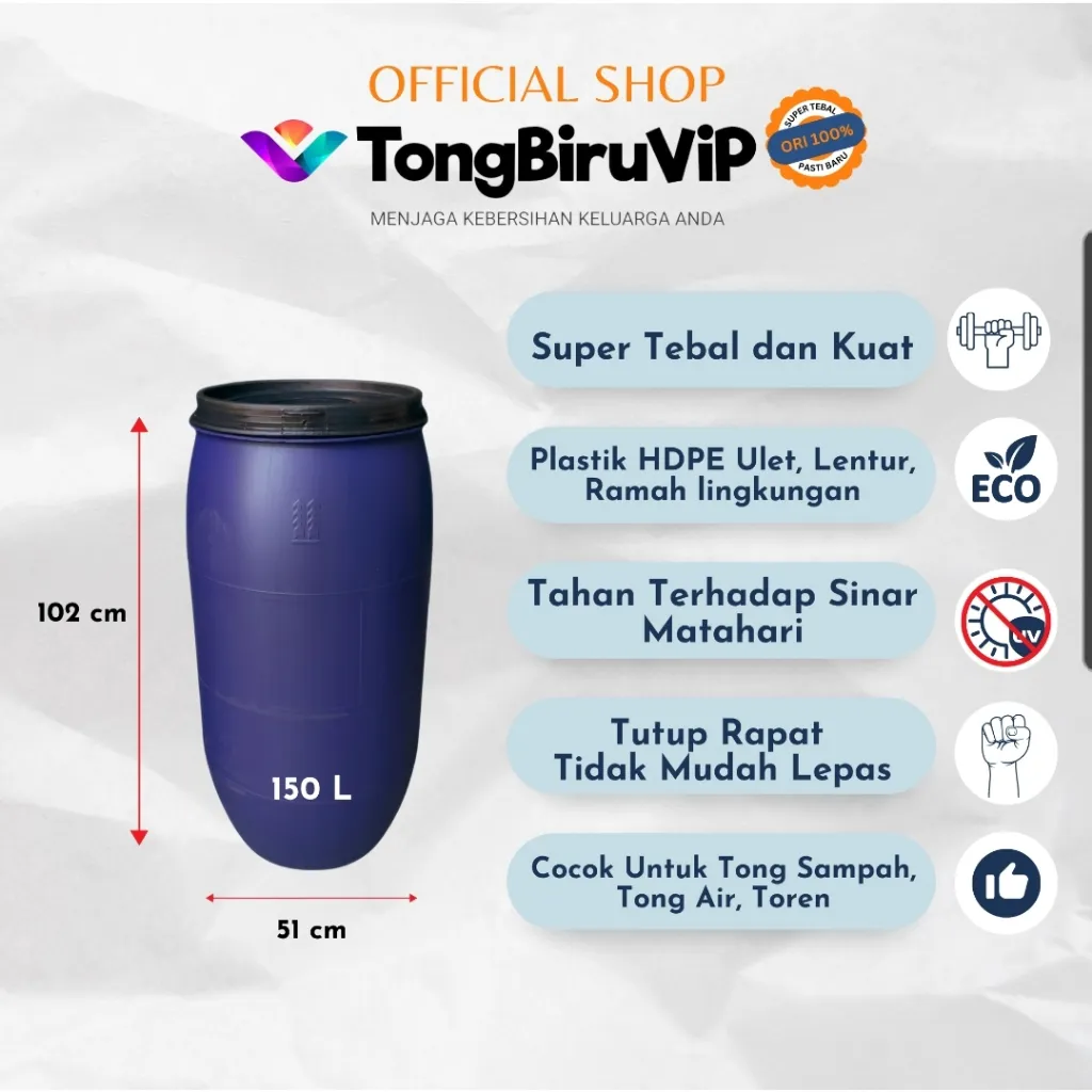 150L Tempat Sampah Biru/Tong Air Biru SUPER TEBAL & KUAT 150L (termasuk Tutup)