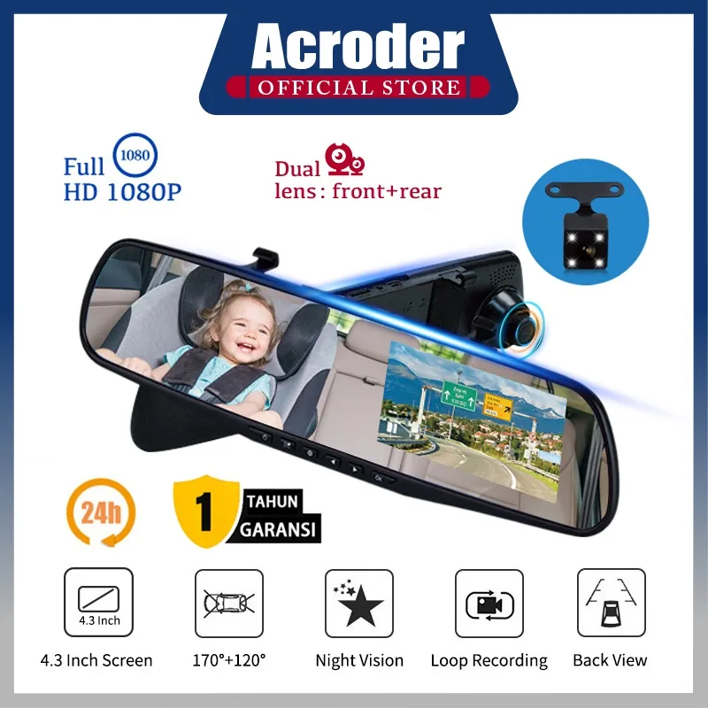 Acroder Dashcam Mobil T900 Spion 4.3 Inci HD 1080P Depan Belakang Ganda Lensa Loop Recording
