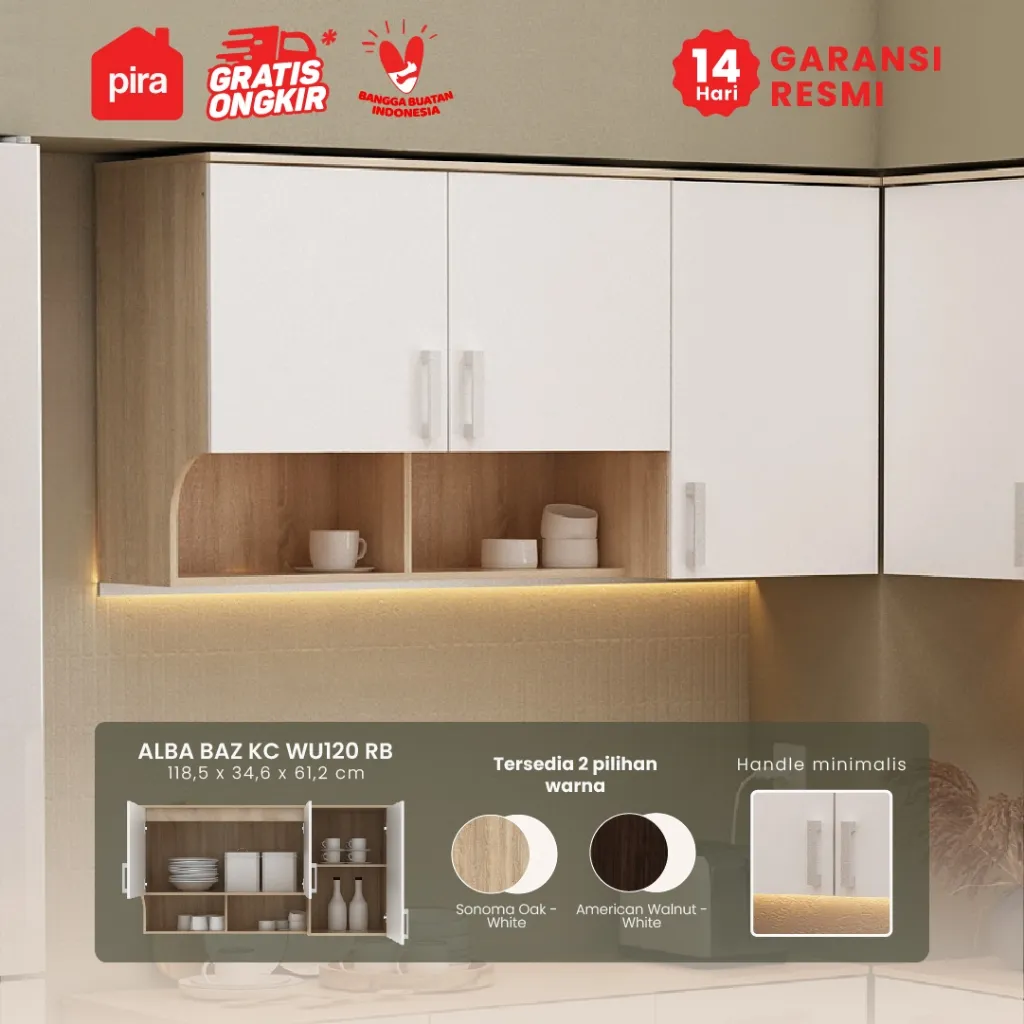 Pira Metropolis - Alba BAZ KC WU120 RB Rak Dapur Gantung / Rak Dinding 3 Pintu dengan Rak Bumbu