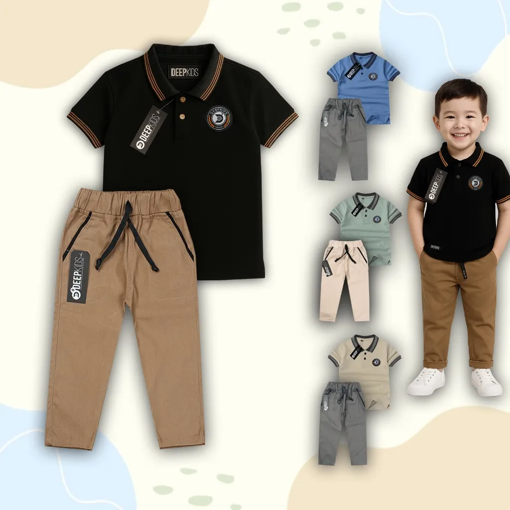 Setelan Anak Laki Laki Kaos Kerah Polo & Celana Chinos Panjang Usia 1-12 Tahun Set KKL Chinos Panjang