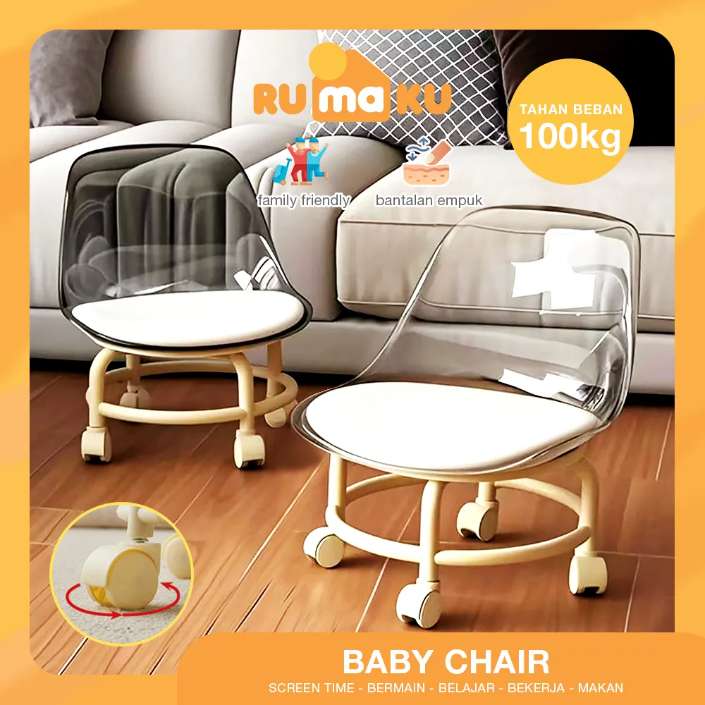 Rumaku Kursi Mini Katrol Dengan Roda Bantalan Busa Empuk Sandaran ABS Transparan Serbaguna Kursi Stool Anak Premium Quality