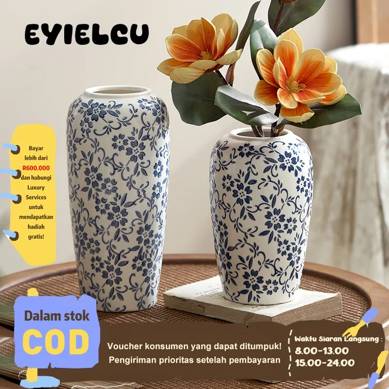 Eyre (Toko Premiere ☑)Vas Rasa premium dari vas keramik kreatif Cina biru dan putih baru vas bunga kering bunga kering vintage, kapal pengaturan bunga, ornamen pintu masuk ruang tamu