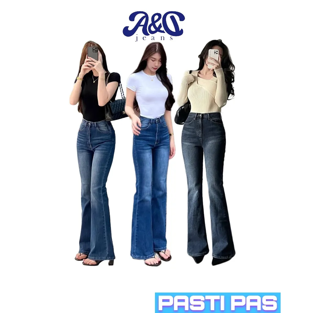 Highwaist Stretch Cutbray Pocket Jeans Hangout Celana Jeans Wanita