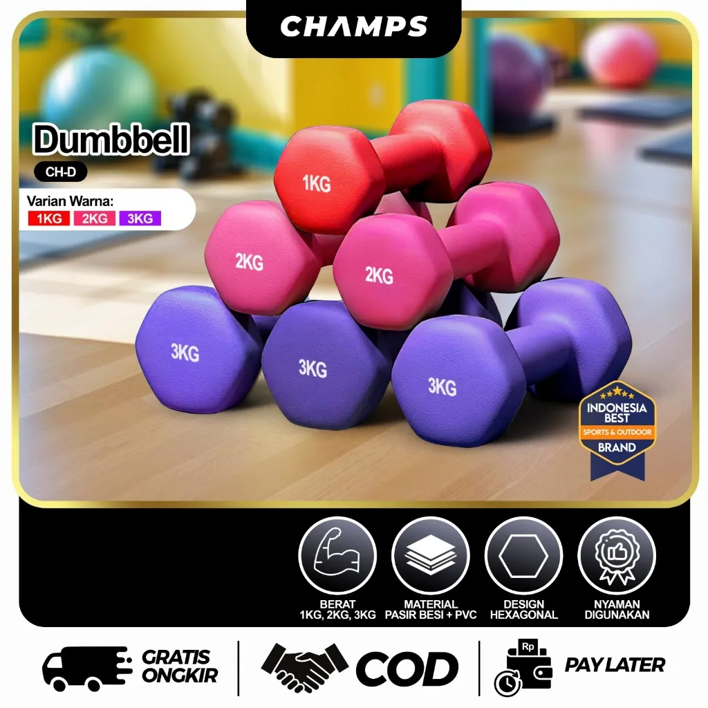 CHAMPS Dumbbell 1–3 KG Warna PINK UNGU BIRU ORANGE – Barbel Neoprene/PVC untuk Fitness & Olahraga
