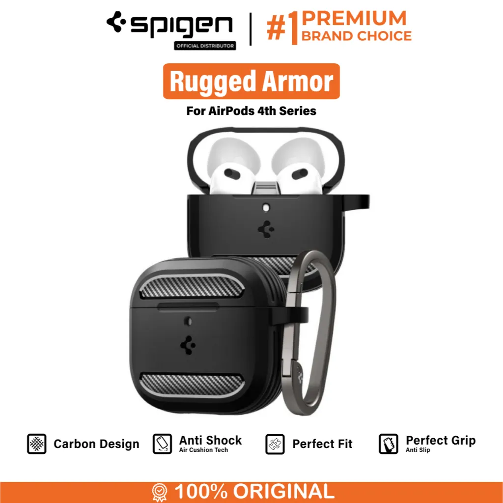 SPIGEN Case AirPods Gen 4 Rugged Armor Carbon Anti Crack Shock Cover Slim Softcase Carabiner Casing