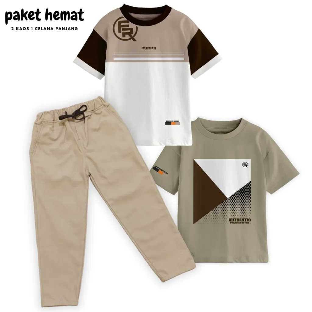 setelan kaos anak laki-laki paket isi 3 pcs kaos baju 2 celana 1 pakaian anak kaos 30s celana panjang chino pakaian baju anak
