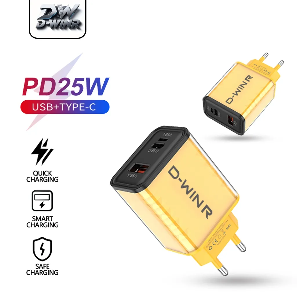 DWINR Adaptor Charger M-45 25 Watt Fast Charging/Super Fast Charging 3 Port input cocok untuk iPhone Samsung Huawei Oppo Vivo Android Smartphone lain USB A USB C TYPE-C USB L LIGHTNING Pengisian Daya Cepat Transparent Shell Three Port Smart Charging