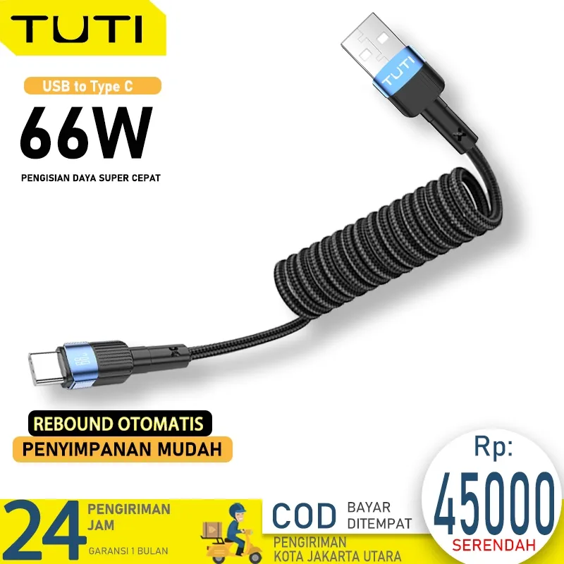 TUTI Kabel Data Usb To Type C Fast Charging Spiral Kabel 66W 1.8M Charger for Smart Phone Huawei