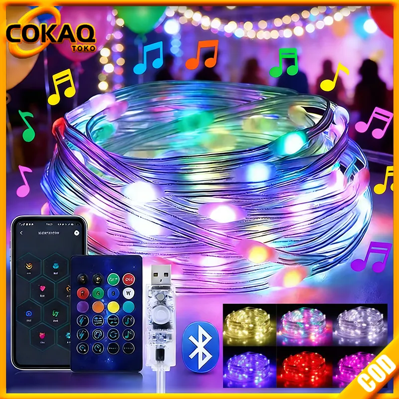 COKAQ 20M-200LED Lampu Strip Warna-warni USB Smart LED Fairy Strip Light Running Dekorasi Outdoor/Indoor Led Strip Sensor Music Bluetooth Remote RGB Wireless