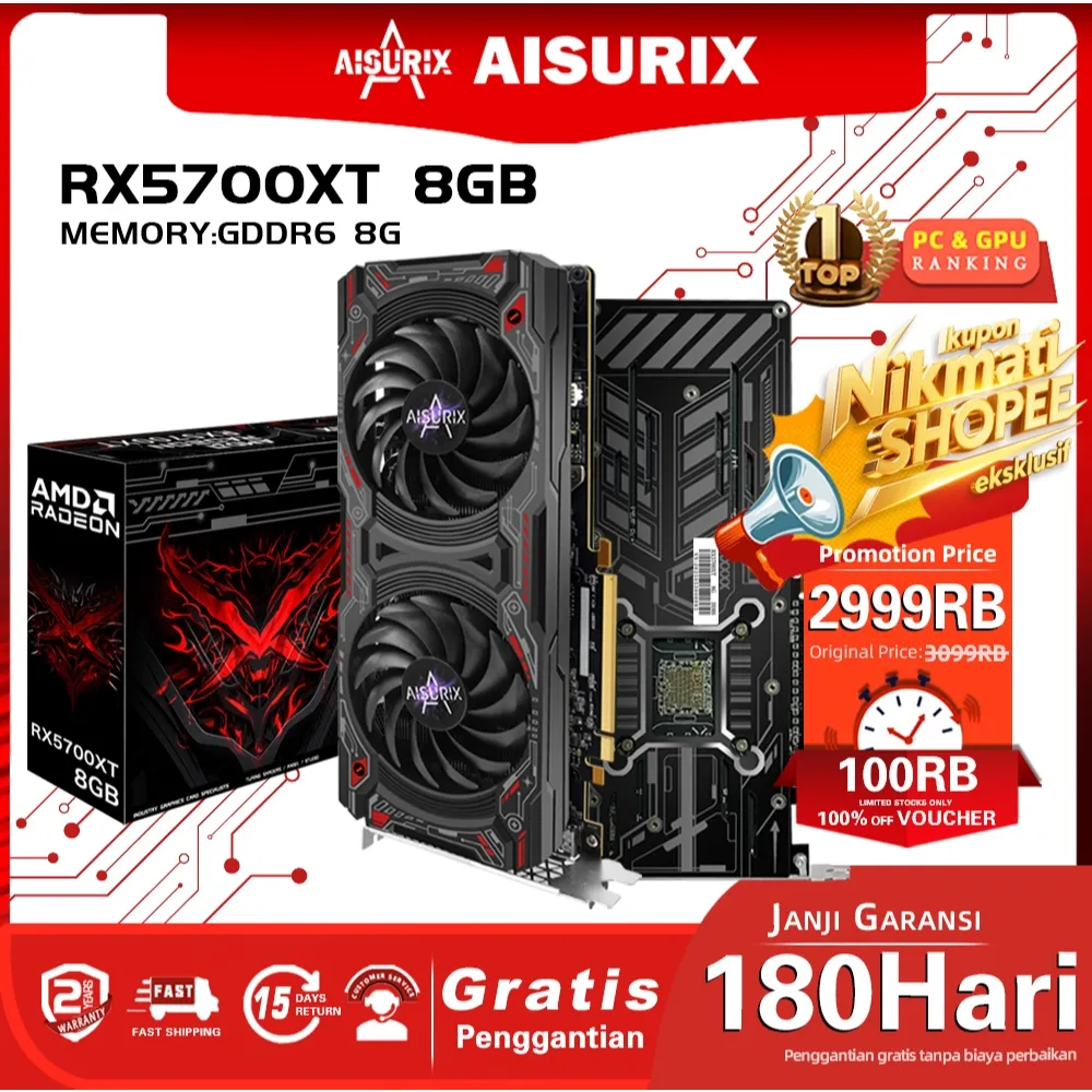 AISURIX NEW VGA Card RX 5700 XT 8GB GDDR6 256BIT HDMI Gaming Computer GPU Video card for Radeon AMD Dual Fan Vga