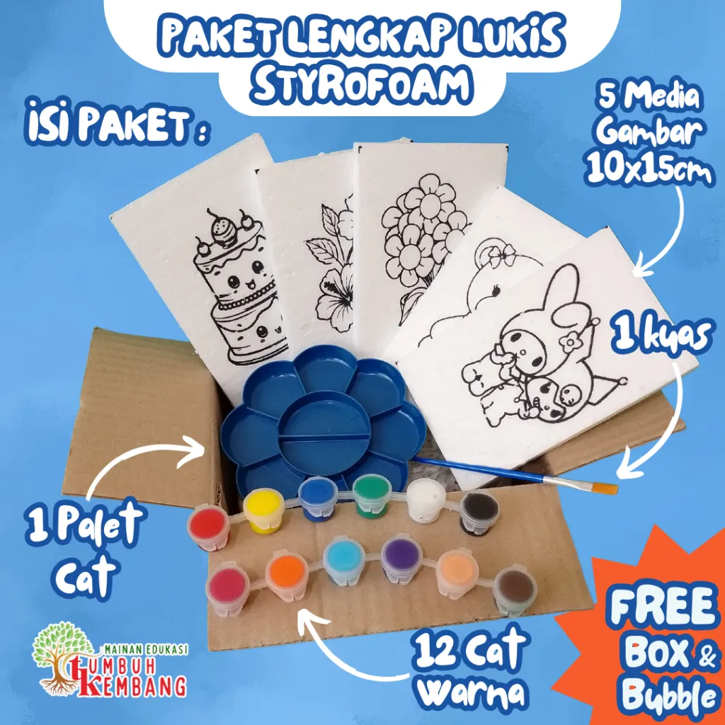 PAKET HEMAT PAINTING FREE MEWARNAI STYROFOAM MINI 10 X 15 CM + Box FREE 12 Cat Kuas dan Palet Mainan Edukasi Anak
