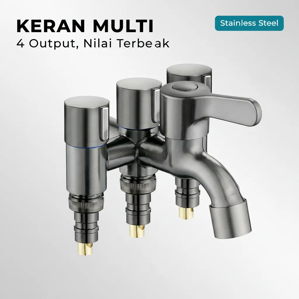 Keran Cabang 4 Multifungsi Stop Kran Mesin Cuci Taman Bahan Kuningan Tebal Anti Bocor