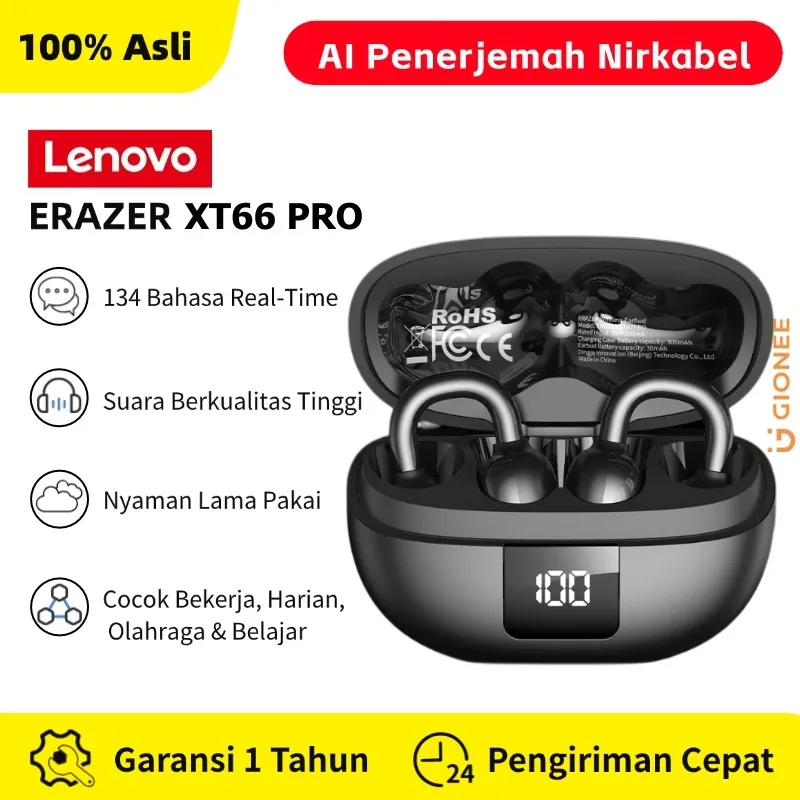 Lenovo ERAZER XT66 PRO TWS AI Translator Earbuds Smart Real Time Translation Ear Clip Earphone Bluetooth With LED Dispaly Sport Headset With Mic IPX5 Waterproof Bluetooth 6.0