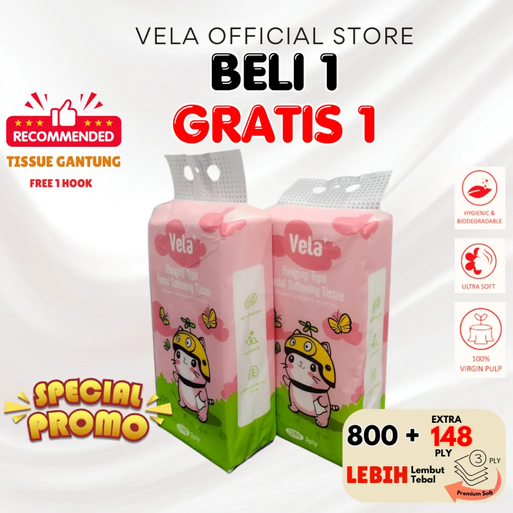 [BUY 1 GET 1] VELA Tissue Gantung 3 Ply 948 Sheets – Tisu Elegan Serbaguna untuk Wajah, Mobil & Ibu–Anak | Tisu Tebal & Lucu | Best Seller | Promo Gratis Ongkir & COD