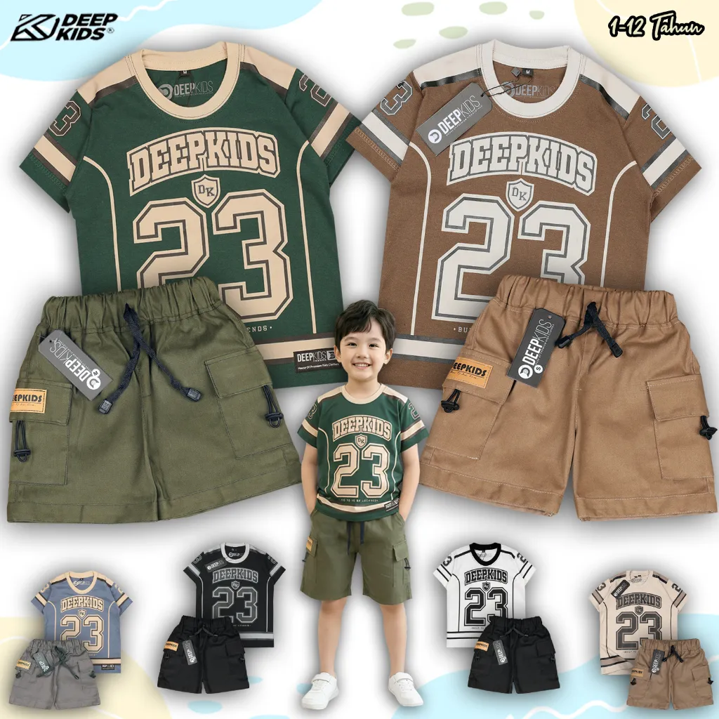 Deepkids Setelan Anak Laki Laki Kaos Jersey  Bahan Cotton Combed dan Celana Cargo Pdk Premium Usia 1 2 3 4 5 6 7 8 9 10 11 12 Tahun |  KJR Cargo Pdk