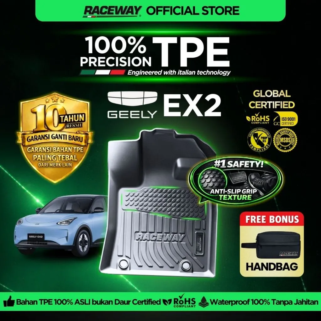 RACEWAY Karpet Mobil GEELY EX2 2025-2026 Hitam Bahan TPE Garansi 10 Tahun 100% Presisi Anti Air Slip