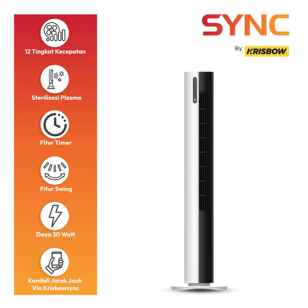 Krisbow Sync Smart Kipas Angin Berdiri Wifi Dc Motor - Putih/Hitam Floor Standing Tower Fan Pendingin Ruangan Penyejuk Rumah Slim Cooler Vertical Airflow