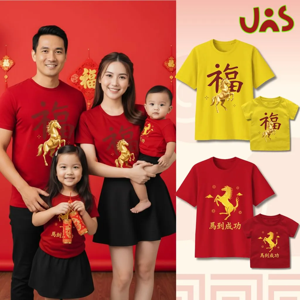 JNS Baju Kaos Imlek Bayi Anak Dewasa – “Lucky Golden Horse” Chinese New Year | Katun Combed 30s