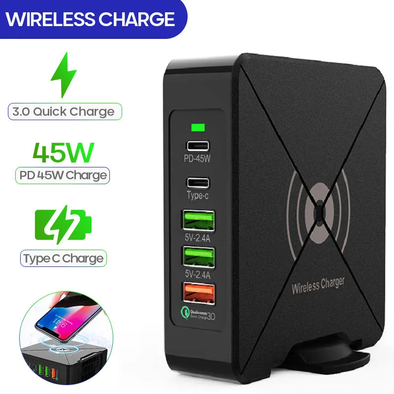 Dimax 75W multi-function charger wireless charger PD22.5W fast charging QC3.0 45W charging power supply 3 USB charging ports 2 PD fast charging ports with hidden bracket supports 15W wireless charging - fast charging, widely compatible, safe and reliable