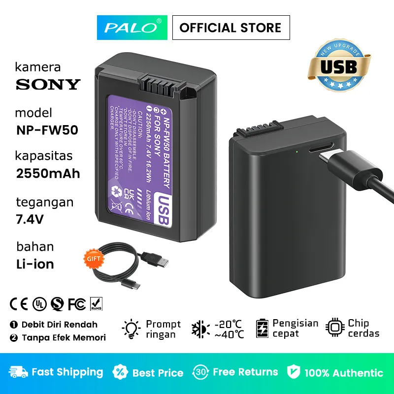 PALO Baterai Kamera NP-FW50 NPFW50 NP FW50 Battery dengan USB Type-C Antarmuka Pengisian daya cepat untuk Sony Alpha A6500 A6300 A6400 A6000 A6100 A6400 A5000 A5100 A3000 NEX-5C NEX-3 A7 A7M2 7R A7R A7R II RX10 A7S ZV-E10 NEX-7 NEX-6 Etc Cameras