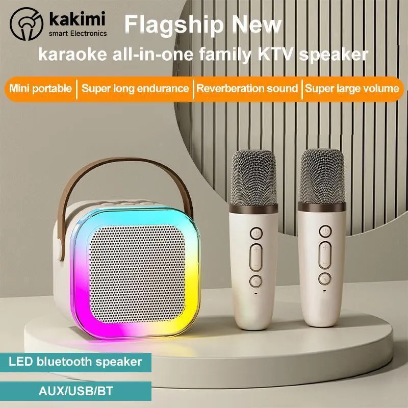 Kakimi K12 Speaker Bluetooth Plus Mic Actual Bluetooth Mini Speaker Portable Karaoke Speaker with 2 MIC 1 SET RGB Lampu Home KTV Kecil karokean Speaker Bluetooth  MP3 Player Full Bass Wireless Loudspeaker Rumah