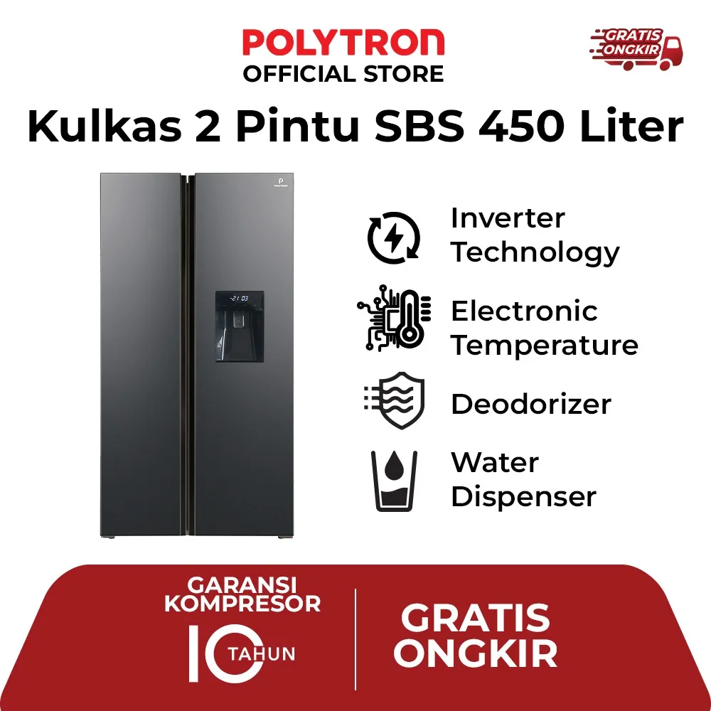 Kulkas POLYTRON New Belleza Inverter 2 pintu Side-by-side PRS 480X