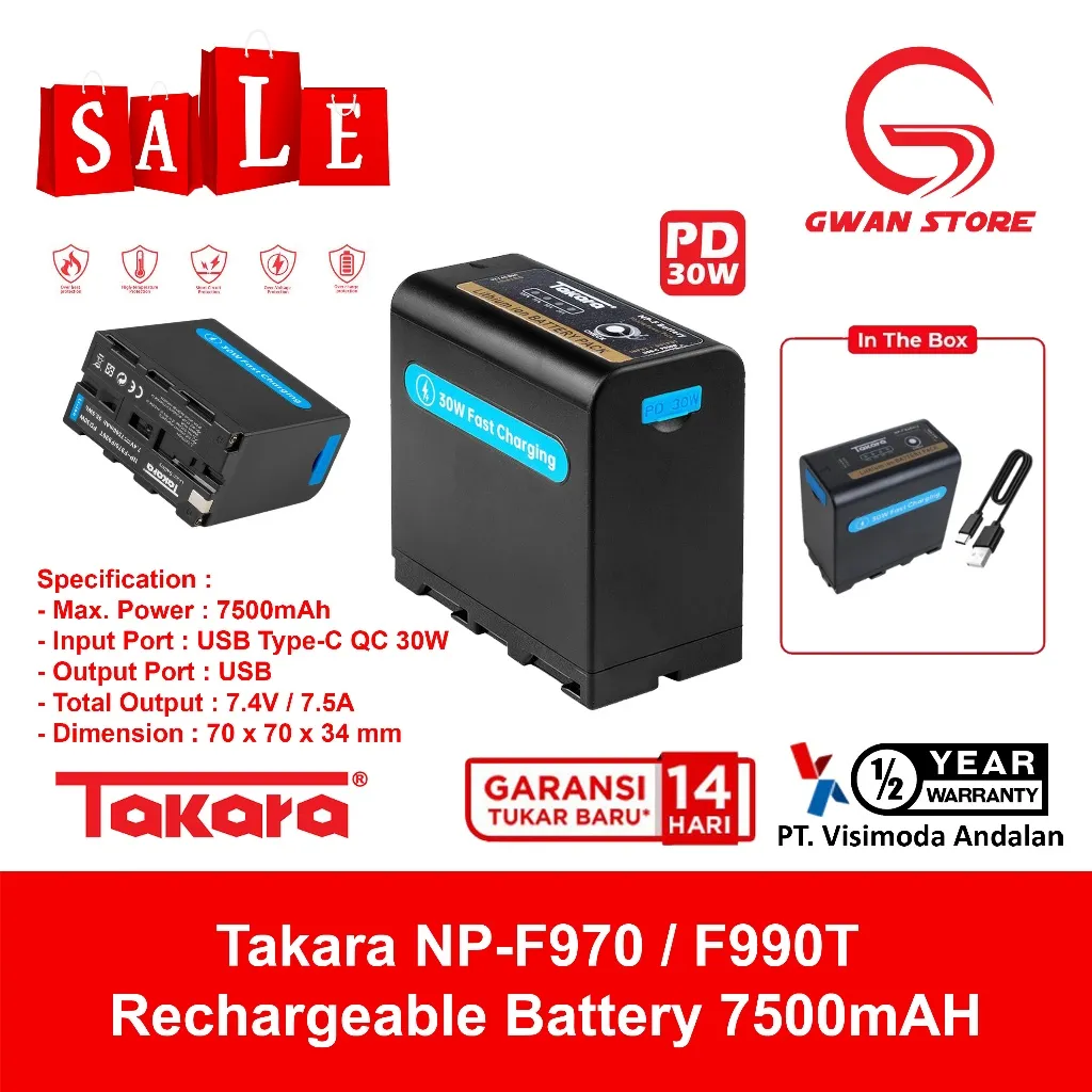 Takara Battery NP-F970 F990T F960 F770 F550 Baterai for QC 30W Input Rechargeable Battery Pack with USB Output and Type-C Input LED Light / Camcorder