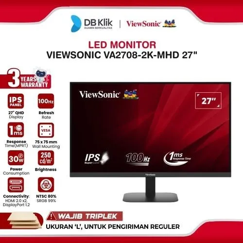 VIEWSONIC LED Monitor VA2708-2K-MHD 27" IPS QHD 100Hz 1ms HDR10 Built in Speaker HDMI DP