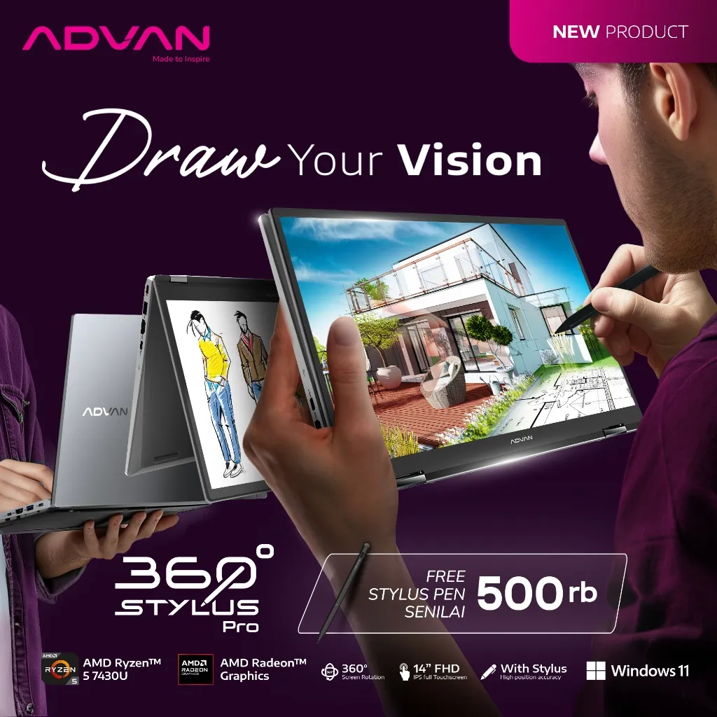 [FREE STYLUS PEN] ADVAN Laptop 360 Stylus Pro Laptop 2 in 1 AMD Ryzen 5 7430U 14" IPS FHD Touchschreen 8GB/512GB Upgradable Storage Windows 11 - Garansi Resmi 1 Tahun