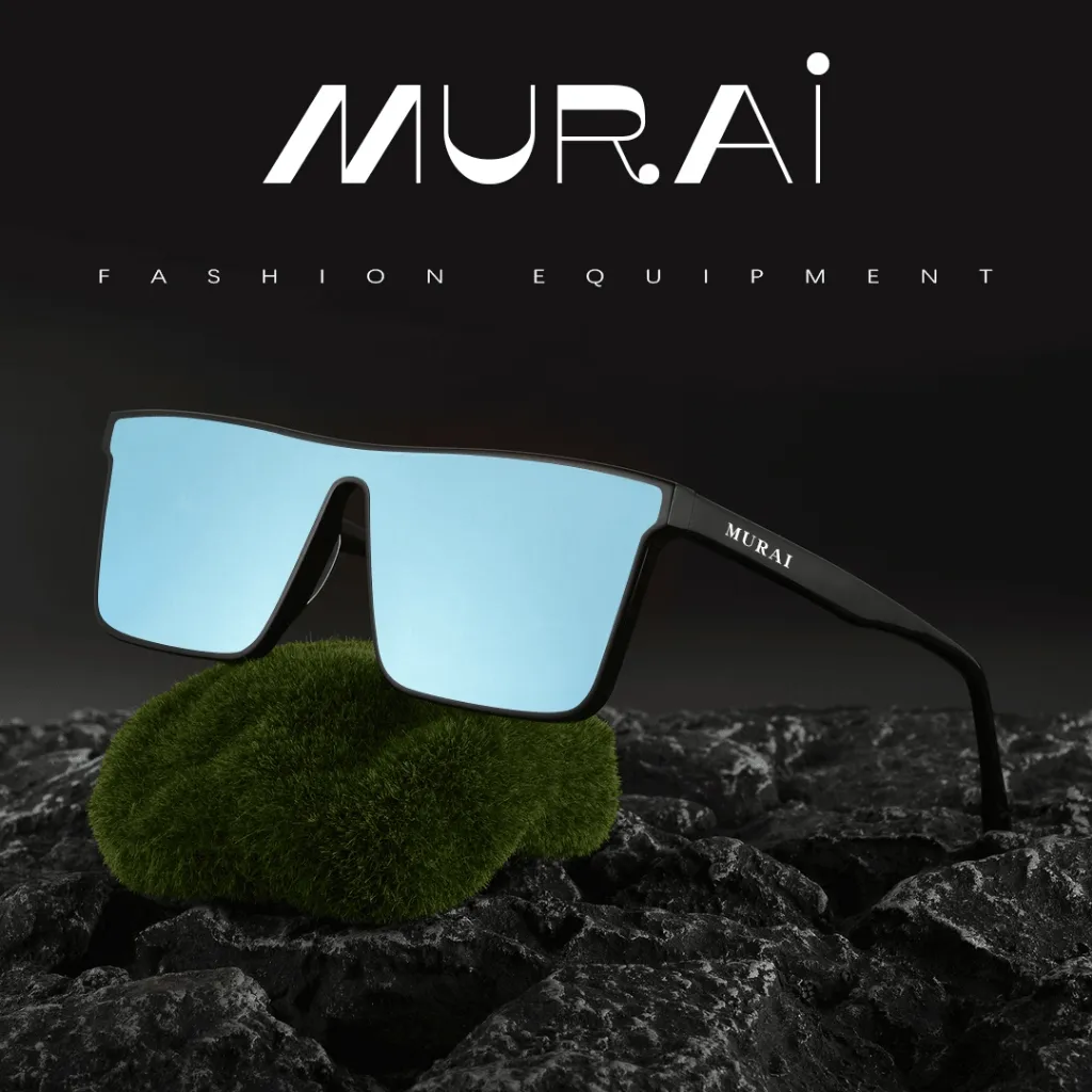 MURAI Merek Jepang Kacamata Hitam Rectangular Polarized SQUARE FRAME Sunglasses Unisex  Retro Pilot Shades Driving UV400 Protection RC009A-3 Light blue