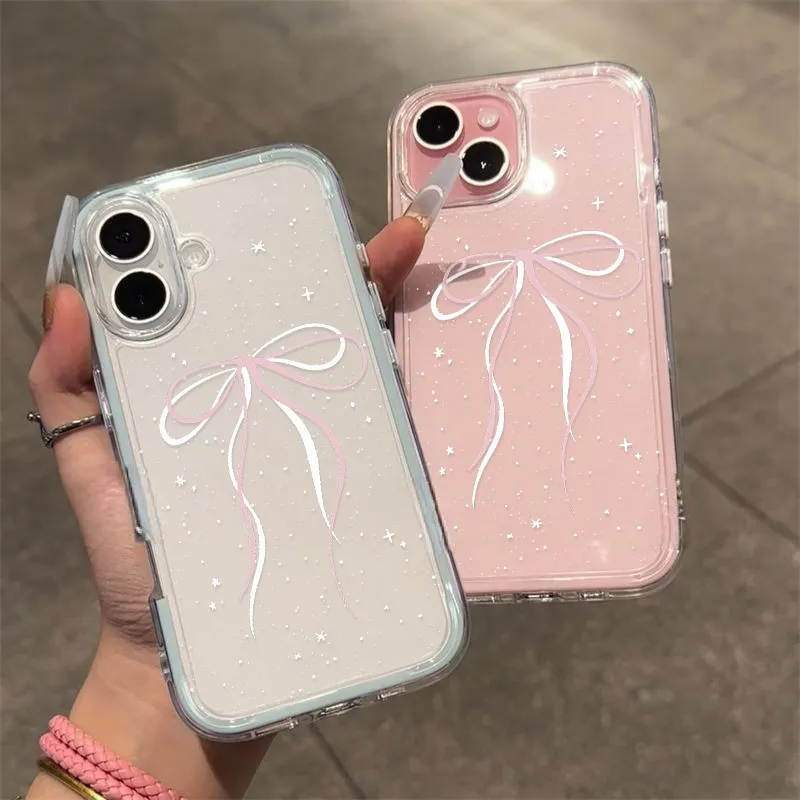 Case HP Untuk IPhone 15 13 11 16 12 14 Pro Max XR 14 16 15 Plus 13 16 15 12 14 Pro Simpul Busur Segar Romantis Manis Salju Mewah 2 in 1 Silikon Soft Cover