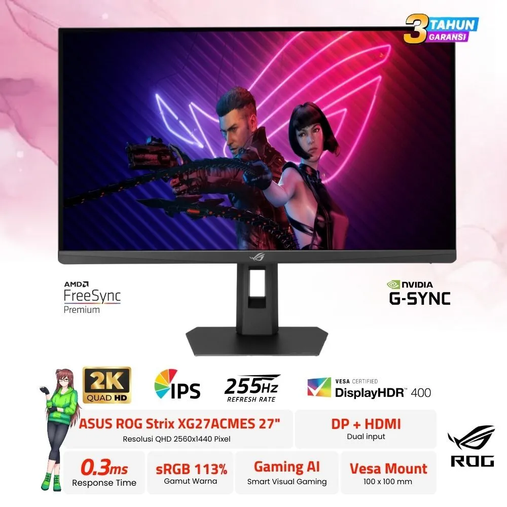 Monitor Asus ROG Strix 27 inch XG27ACMES 2K 255Hz OC Fast IPS 0.3ms 113% sRGB HDR400 Vesa Mount Ergonomis