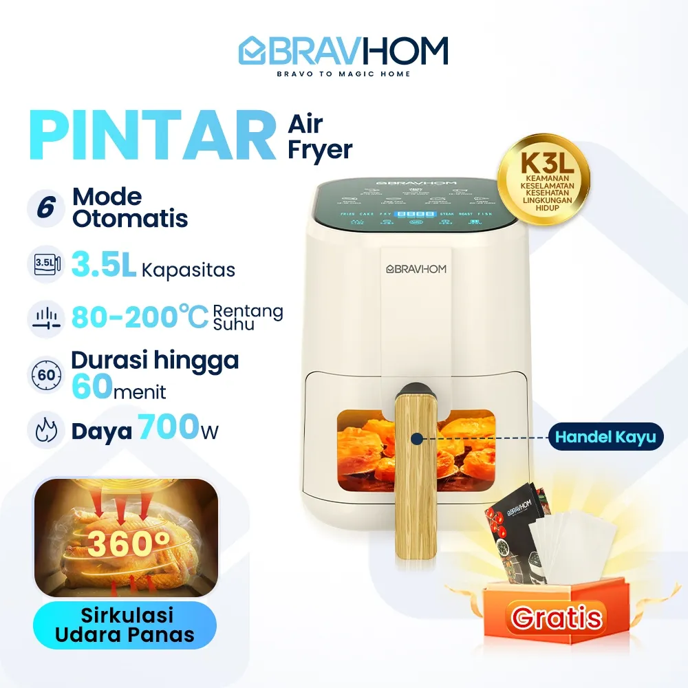 BRAVHOM Air Fryer 700Watt 3,5L Tampilan LED Touch Screen Anti Lengket Penggorengan Tanpa Minyak AF01