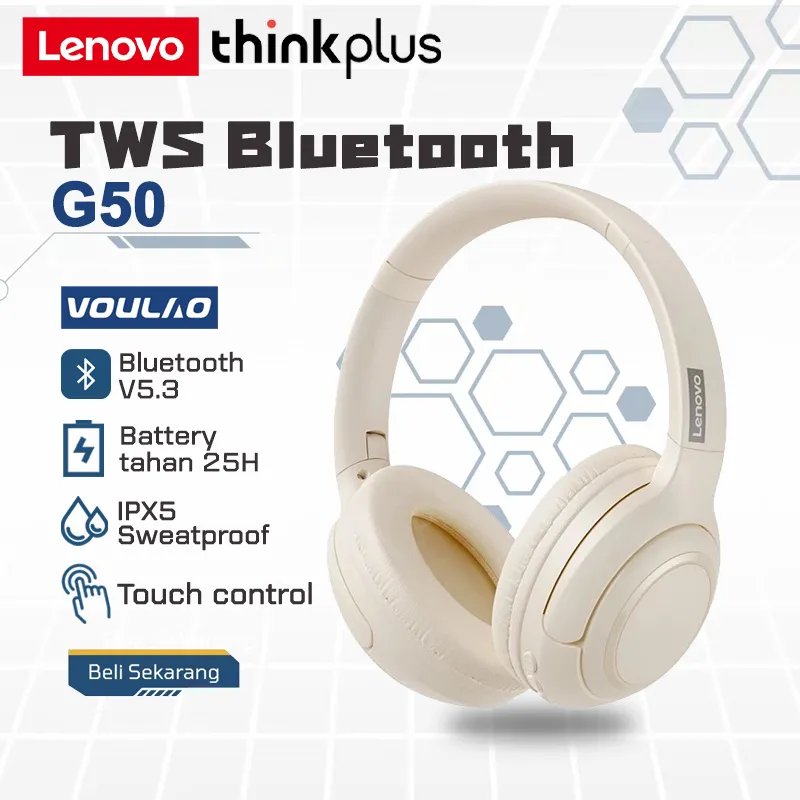 VOULAO X Lenovo thinkplus G50 Headphone Wireless Bluetooth V5.3 Stereo Bass Earphone Dibangun Dalam Mikrofon Headset HIFI Suara Kualitas
