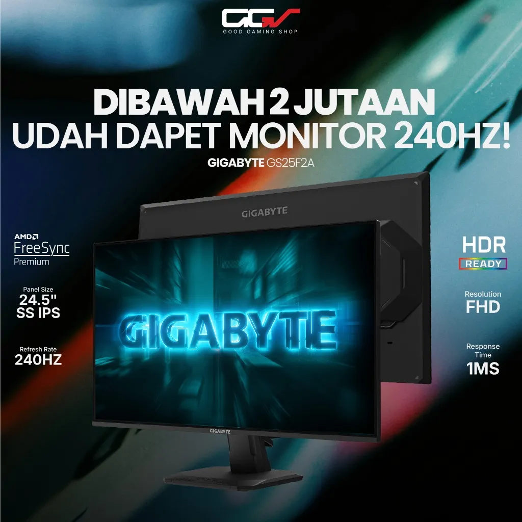 GIGABYTE GS25F2A / GS25F2-A GAMING MONITOR 25 INCH SS IPS FHD 1080P 1MS 240HZ HDR10 TILT 3Y - Monitor Gaming