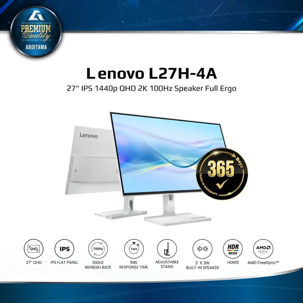 Monitor LED LENOVO L27H-4A 27" IPS 1440p QHD 2K 100Hz HDMI 2.1x2 DP 1.4x1 USB-C 75w Speaker Full Ergonomic Stand Vesa 100x100