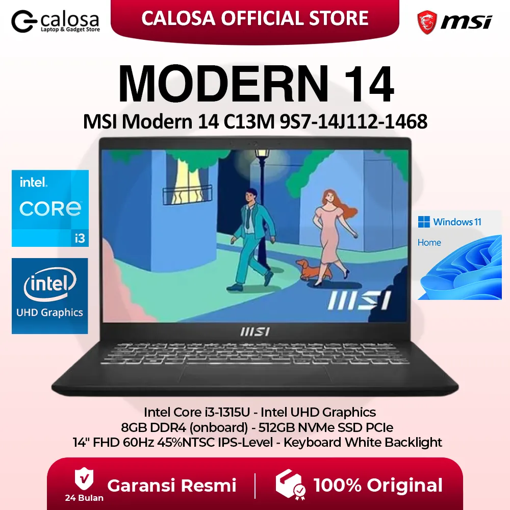 MSI Modern 14 Core i3-1315U 8GB 512GB SSD C13M 9S7-14J112-1468 Intel 14 inch FHD IPS Windows 11 Classic Black laptop Backlit Keyboard / Modern 14 C11M 9S7 14J312 005 Intel Core I3 1115G4