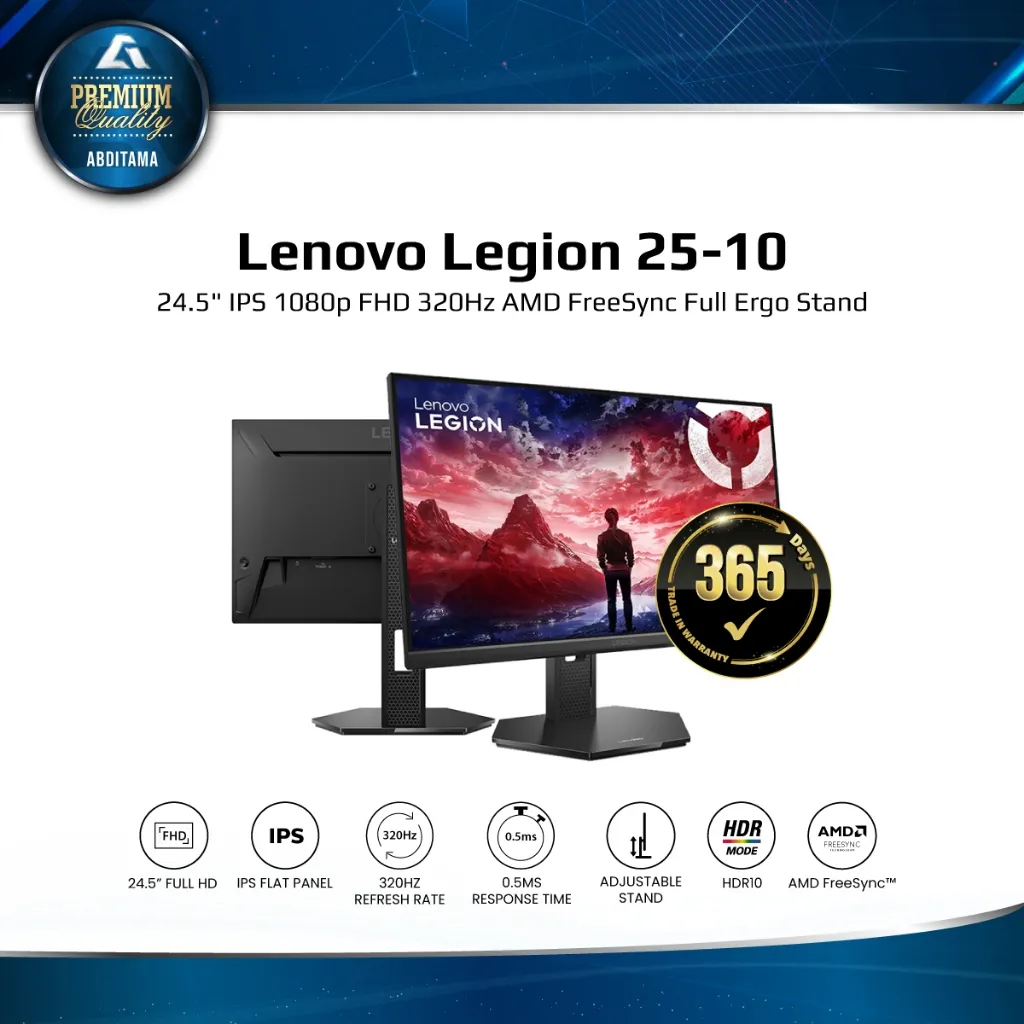 Monitor LED Lenovo Legion 25-10 24.5" IPS 1080p FHD 320Hz HDMI 2.1x2 DP 1.4x1 0.5ms AMD FreeSync Premium Vesa Adaptive Sync Full Ergonomic Stand Vesa 100x100mm 99% sRGB Color Gamut Lenovo Artery Lenovo Accessory Display Manager Lenovo Space Software
