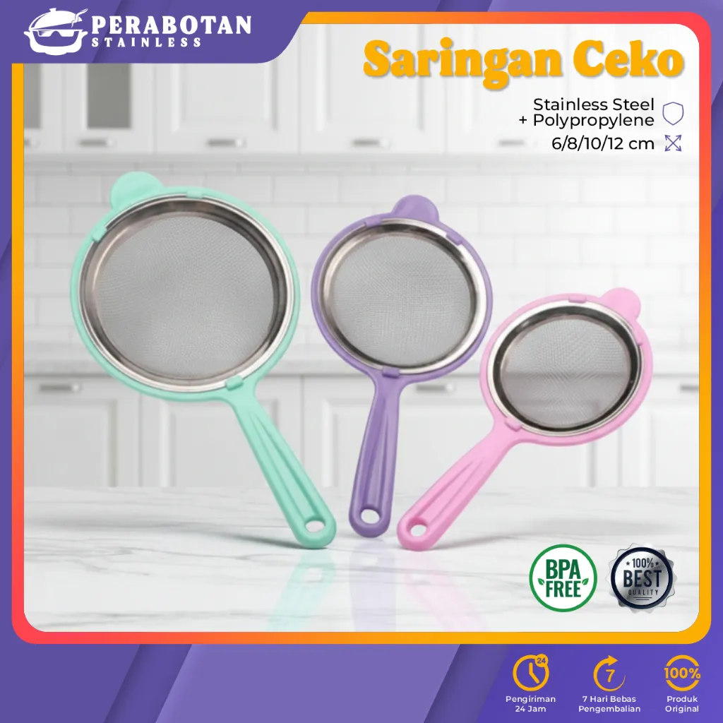 Saringan Ceko Mpasi Halus Stainless Steel Gagang Plastik Warna Pastel 361