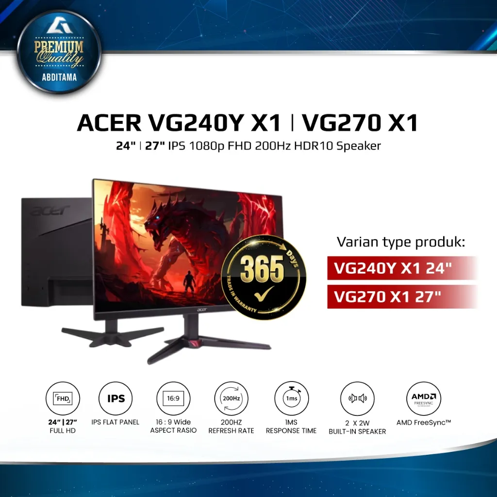 ACER Nitro VG240Y X1 | VG270 X1 24" 27" IPS FHD 1080p 200Hz 1ms HDMI 2.0x2 DP 1.2x1 Gaming Monitor